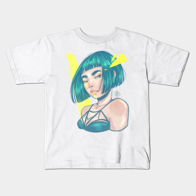 Blue hair girl Kids T-Shirt by San Art